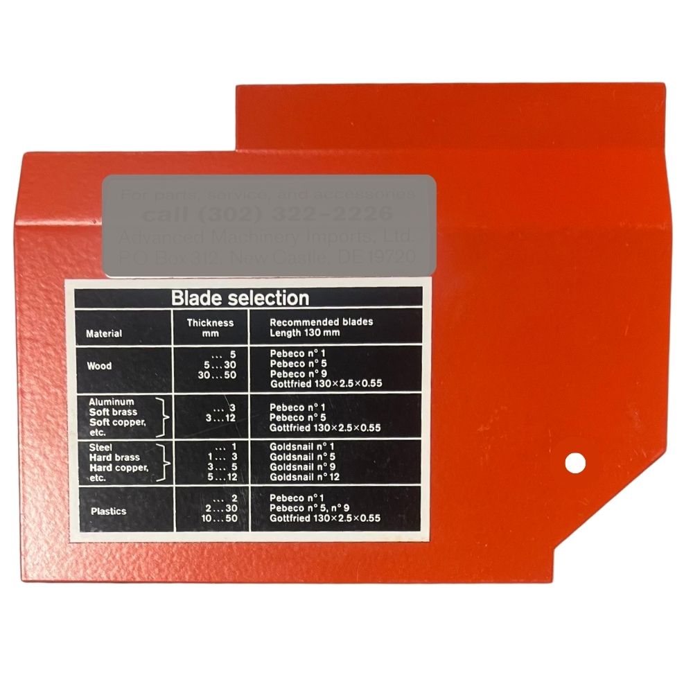 Hegner M18-V/M22-V Part Number 355 & 255 : COVERPLATE