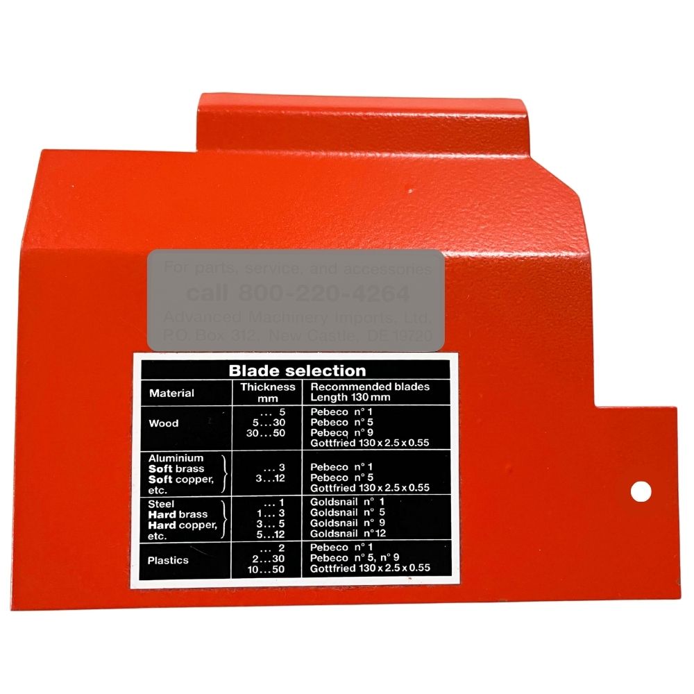 Hegner M18-V/M22-V Part Number 355 & 255 : COVERPLATE